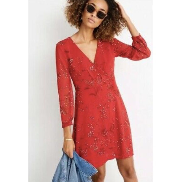 red wrap front dress